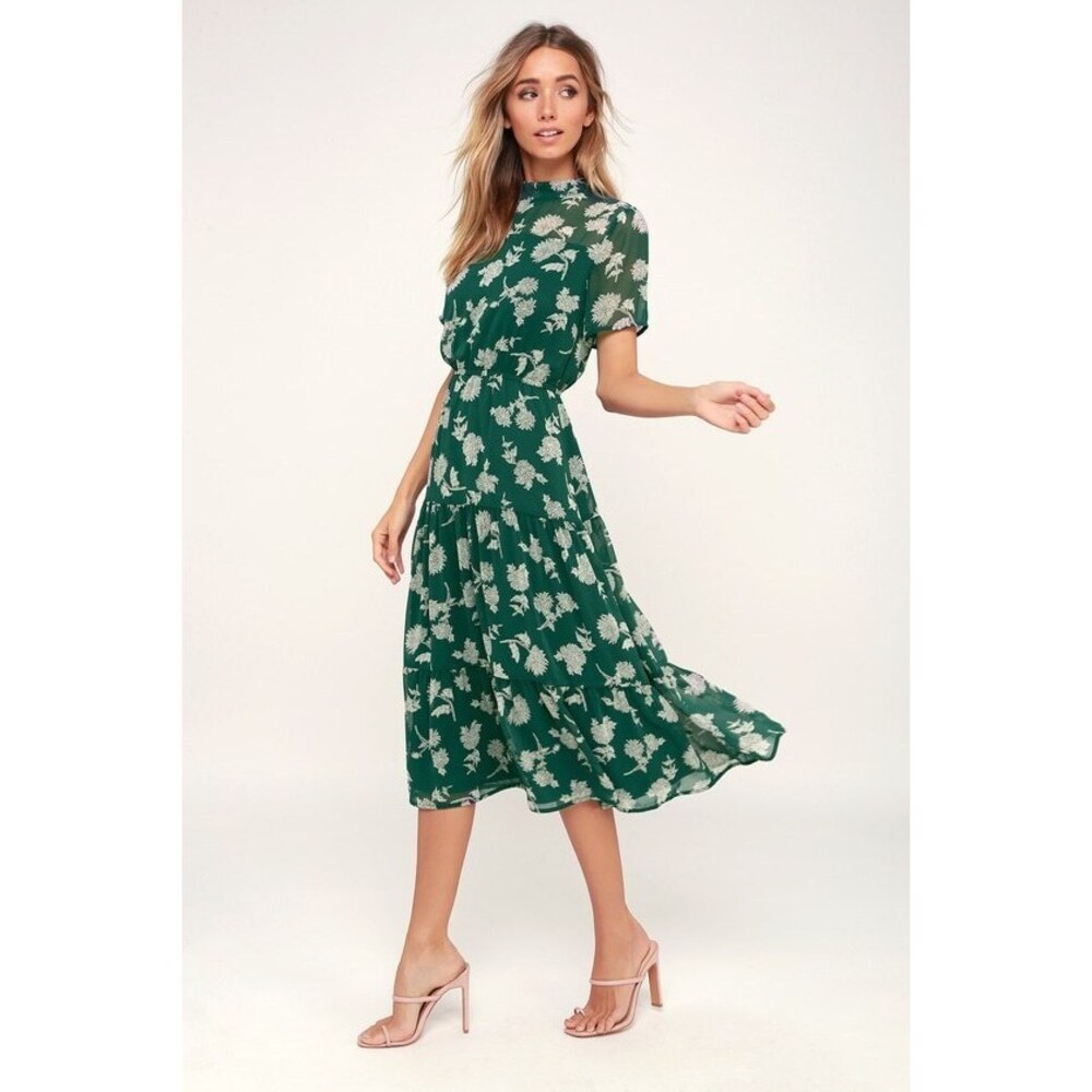 Lulus Floral Dressed Up Dark Green Floral Print Midi Dress - Size XS